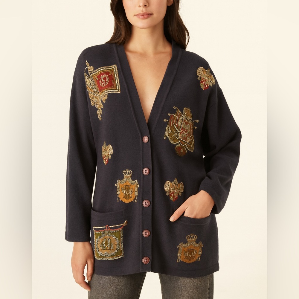 Jones New York Womens Crest Embroidered Long Line Cardigan Sweater, Size Medium